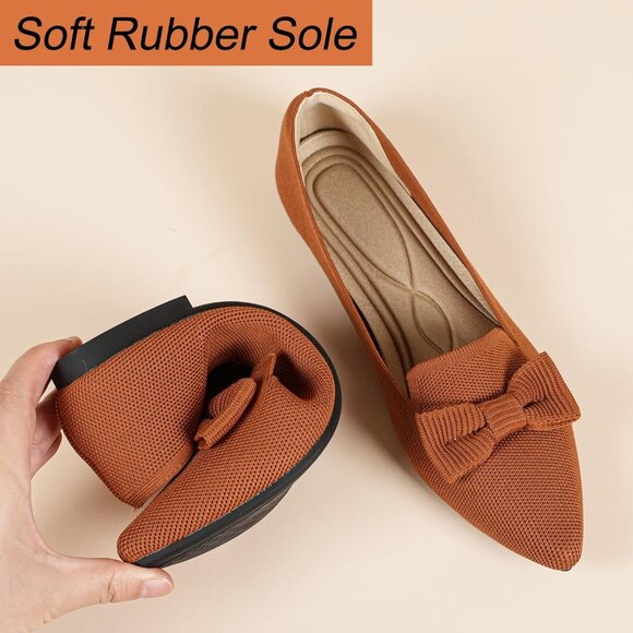 Women Brown Pointed Toe Dressy Comfortable Knit Breathable Mesh Ballet Flats - Picture 3 of 7